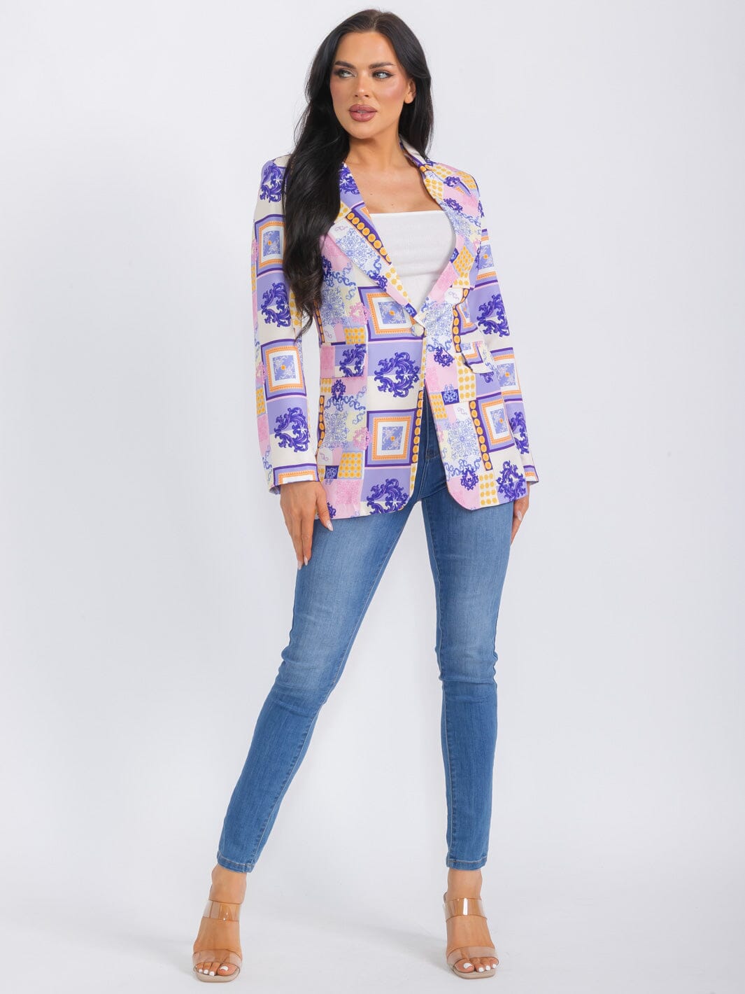 WOMEN'S LONG SLEEVE BUTTON CLOSURE MULTI PRINT BLAZER