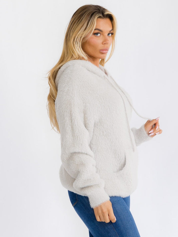 WOMEN'S LONG SLEEVE FRONT POCKET HOODED PULLOVER FUZZY SEATER