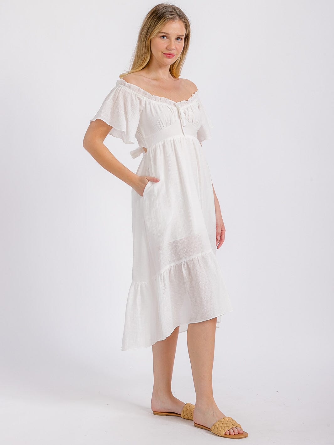 WOMEN'S SHORT SLEEVE OFF SHOULDER FRONT POCKETS HIGH-LOW MIDI DRESS