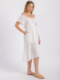 WOMEN'S SHORT SLEEVE OFF SHOULDER FRONT POCKETS HIGH-LOW MIDI DRESS