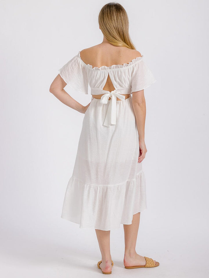 WOMEN'S SHORT SLEEVE OFF SHOULDER FRONT POCKETS HIGH-LOW MIDI DRESS