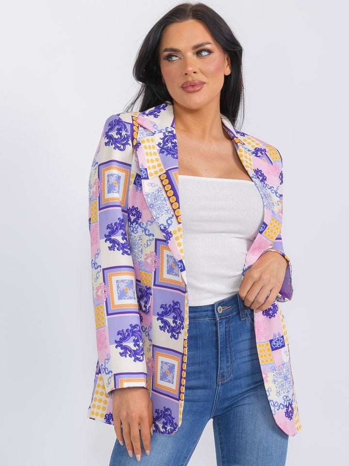 WOMEN'S LONG SLEEVE BUTTON CLOSURE MULTI PRINT BLAZER