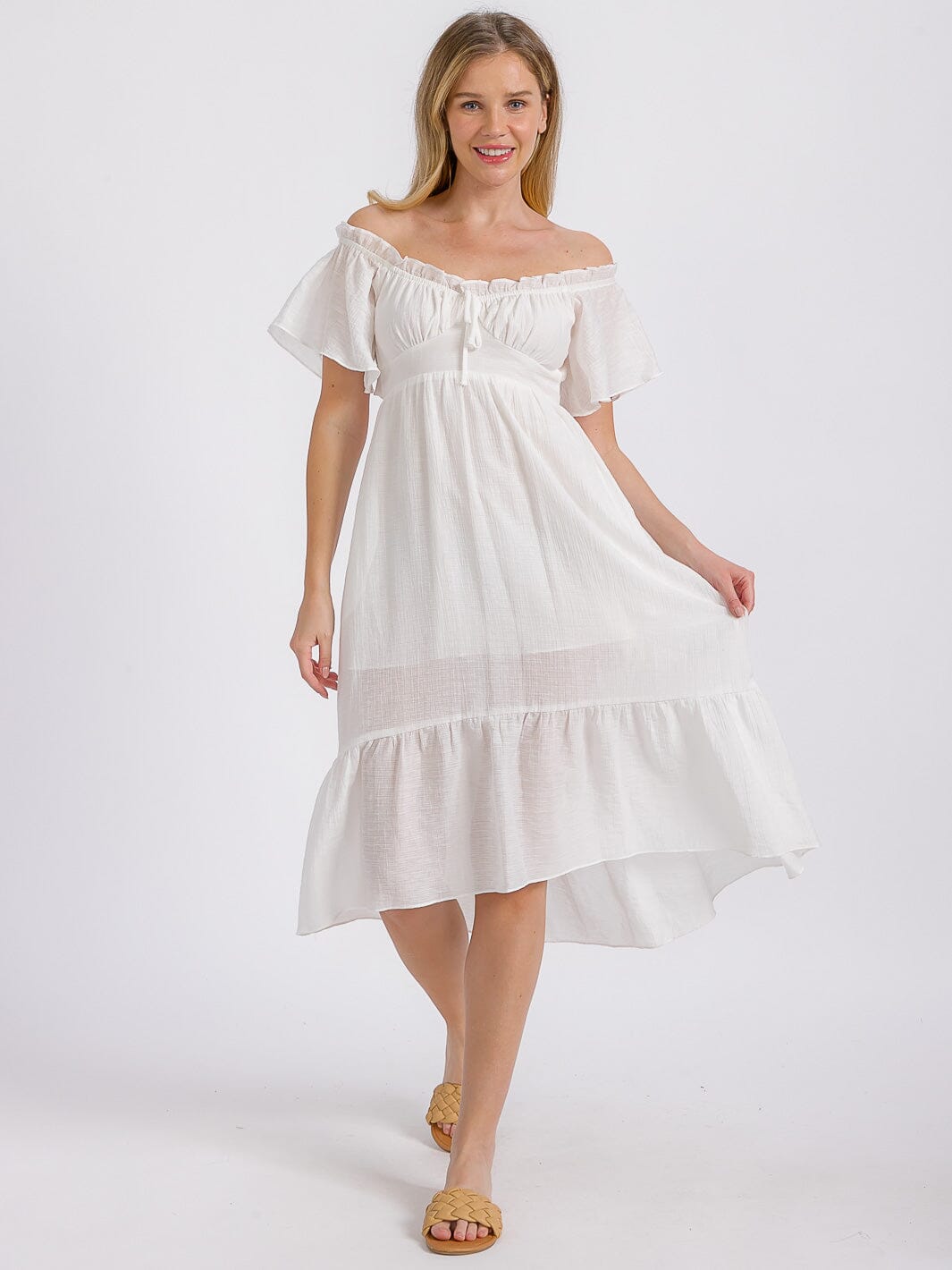 WOMEN'S SHORT SLEEVE OFF SHOULDER FRONT POCKETS HIGH-LOW MIDI DRESS