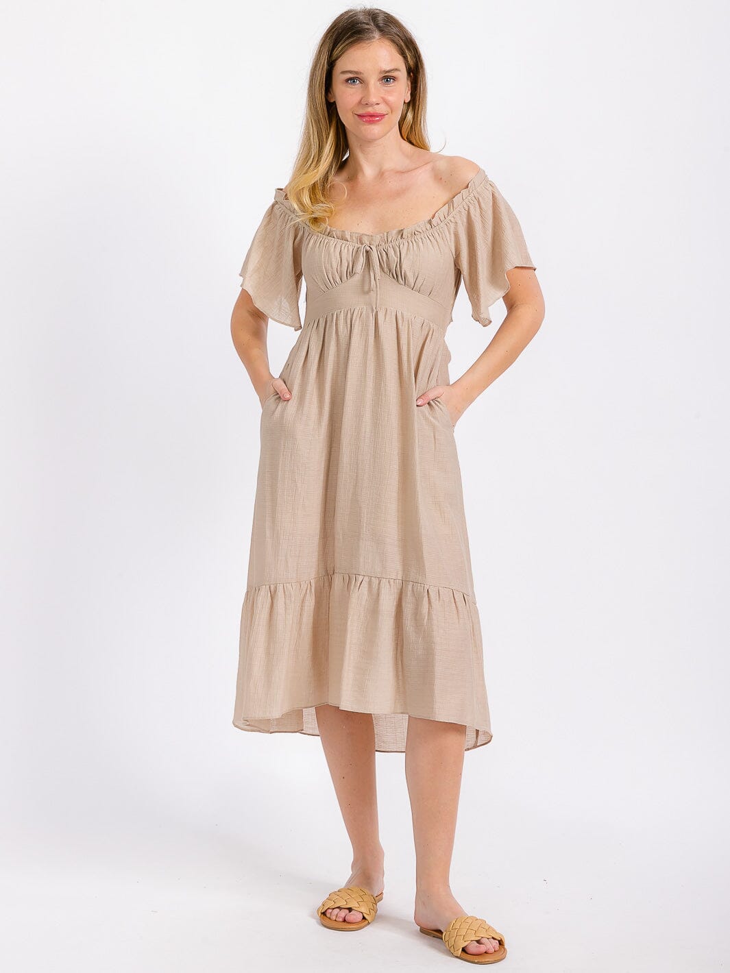 WOMEN'S SHORT SLEEVE OFF SHOULDER FRONT POCKETS HIGH-LOW MIDI DRESS