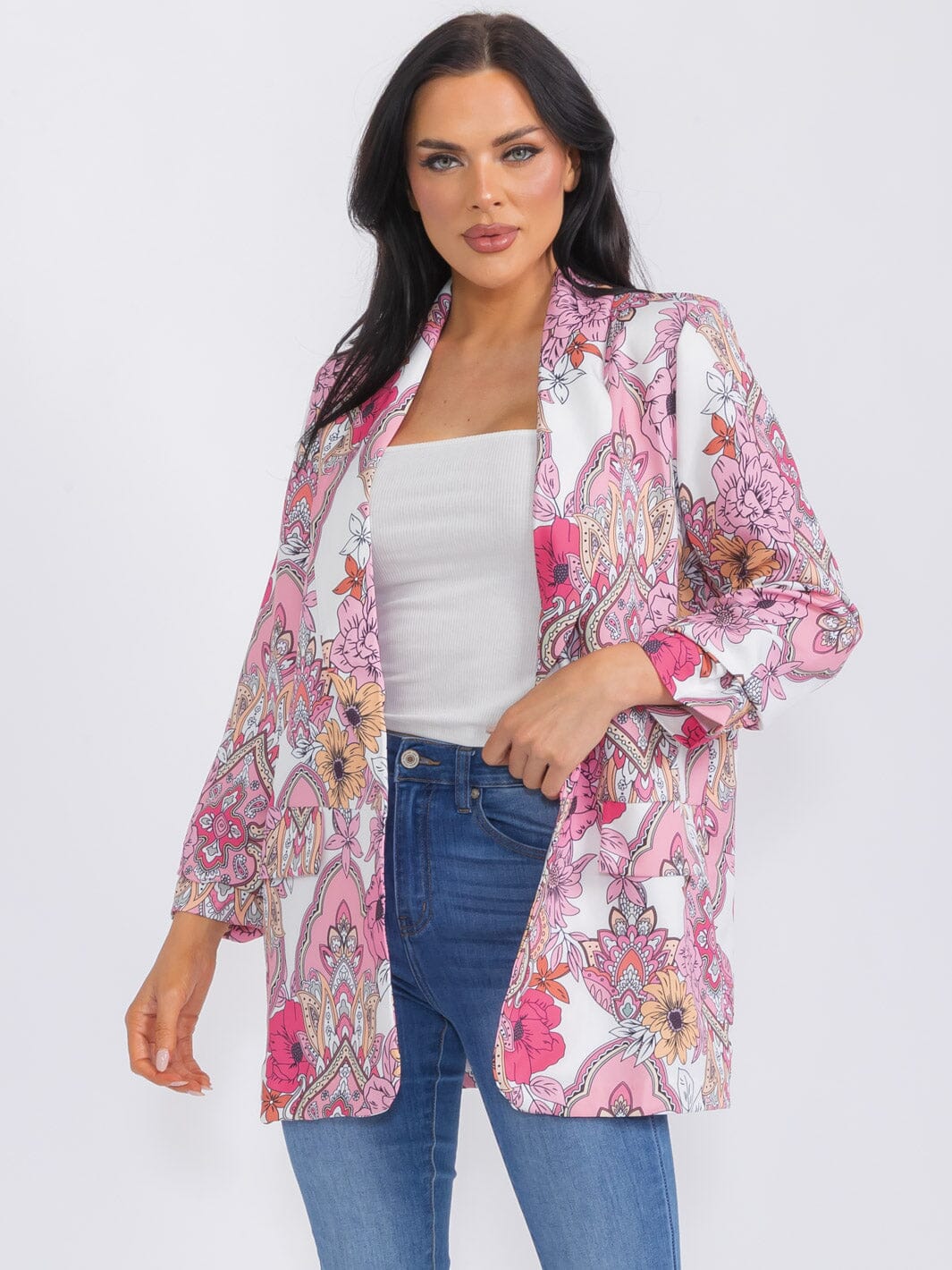 WOMEN'S LONG SLEEVE OPEN FRONT FLOWER PRINT BLAZER