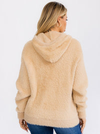 WOMEN'S LONG SLEEVE FRONT POCKET HOODED PULLOVER FUZZY SEATER