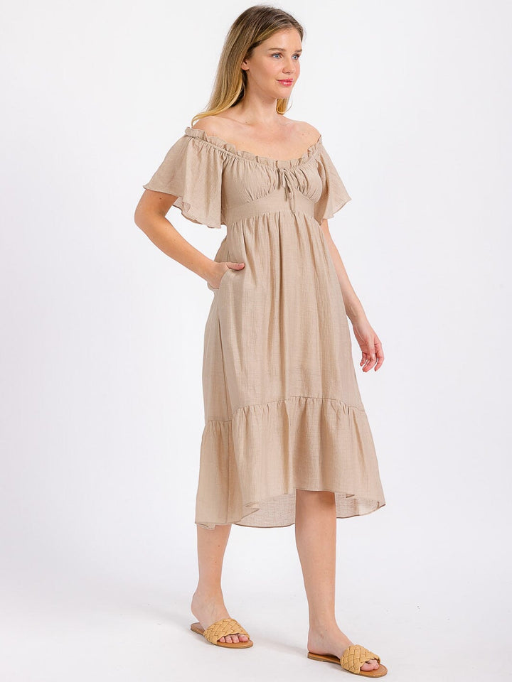 WOMEN'S SHORT SLEEVE OFF SHOULDER FRONT POCKETS HIGH-LOW MIDI DRESS