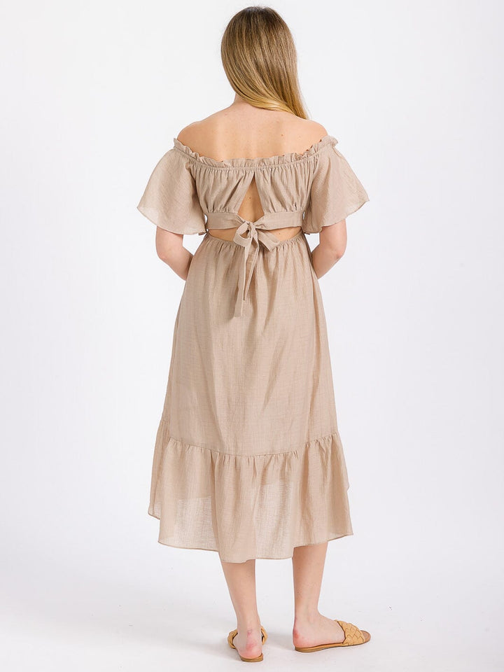 WOMEN'S SHORT SLEEVE OFF SHOULDER FRONT POCKETS HIGH-LOW MIDI DRESS