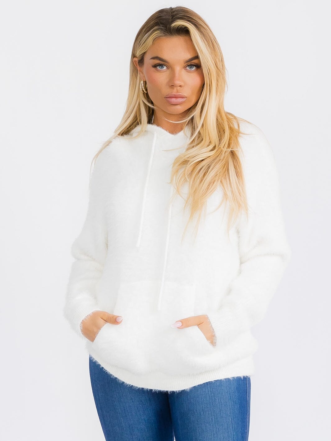 WOMEN'S LONG SLEEVE FRONT POCKET HOODED PULLOVER FUZZY SEATER