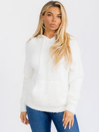 WOMEN'S LONG SLEEVE FRONT POCKET HOODED PULLOVER FUZZY SEATER