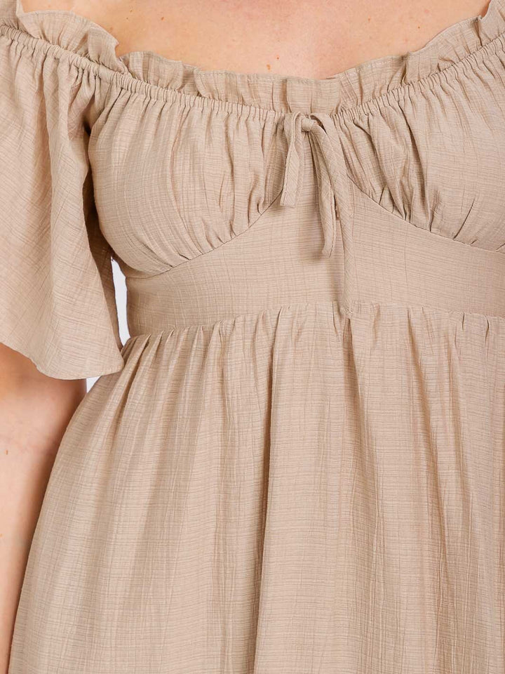 WOMEN'S SHORT SLEEVE OFF SHOULDER FRONT POCKETS HIGH-LOW MIDI DRESS