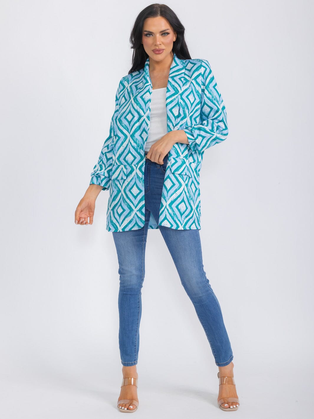 WOMEN'S LONG SLEEVE OPEN FRONT PRINTED BLAZER