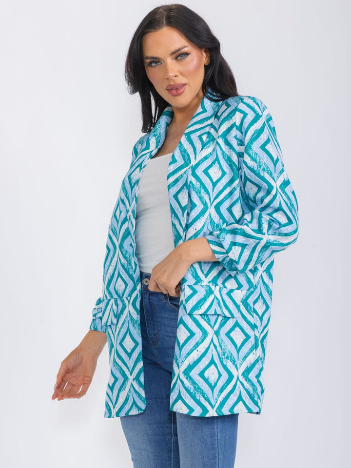 WOMEN'S LONG SLEEVE OPEN FRONT PRINTED BLAZER