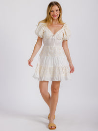WOMEN'S SHORT PUFF SLEEVE V-NECK SMOCK EYELET FLORAL MINI DRESS
