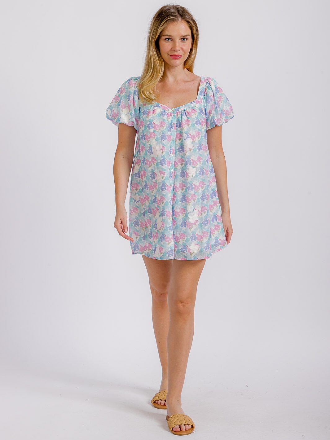 WOMEN'S SHORT PUFF SLEEVE SQUARE NECK FRONT POCKETS FLORAL MINI DRESS