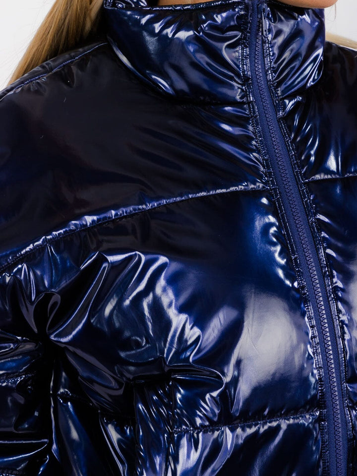 WOMEN'S LONG SLEEVE ZIP UP FRONT POCKETS PU PLEATHER PUFFER JACKET