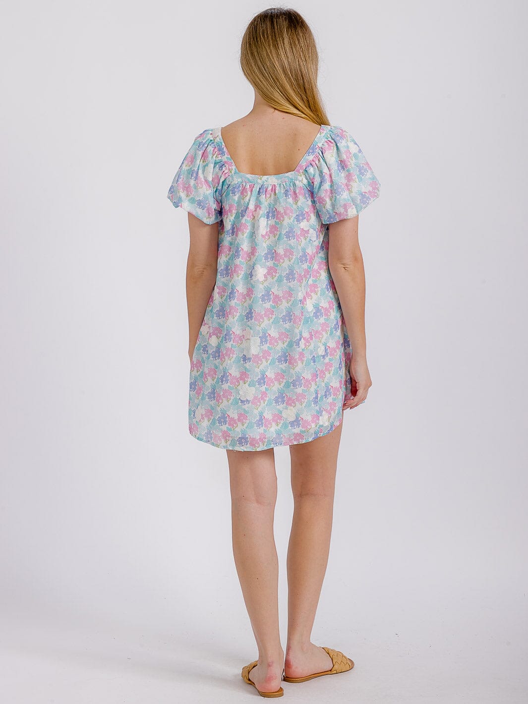 WOMEN'S SHORT PUFF SLEEVE SQUARE NECK FRONT POCKETS FLORAL MINI DRESS