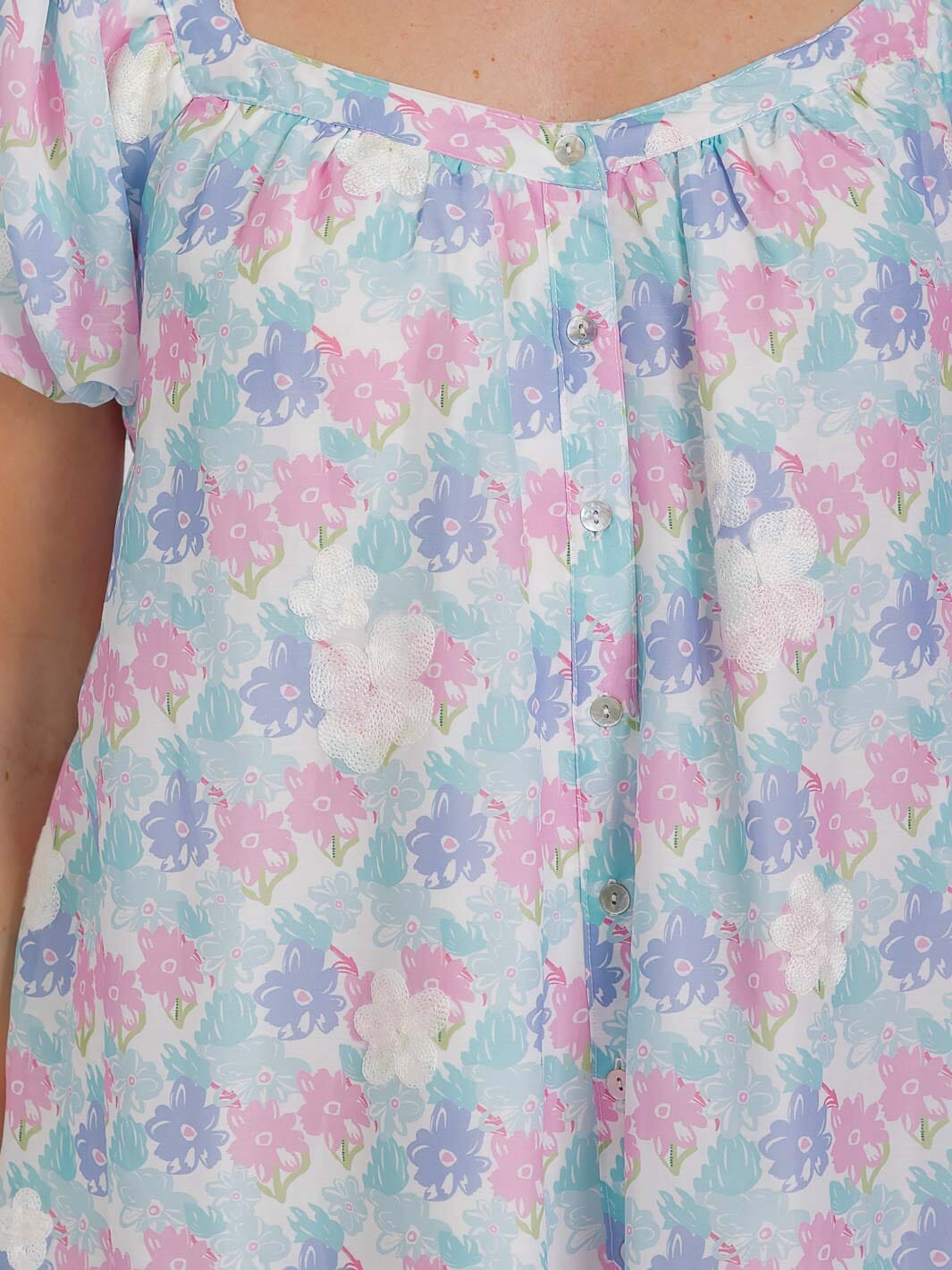 WOMEN'S SHORT PUFF SLEEVE SQUARE NECK FRONT POCKETS FLORAL MINI DRESS