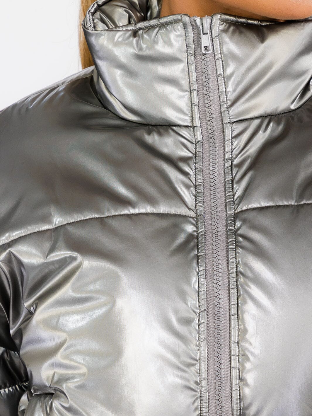 WOMEN'S LONG SLEEVE ZIP UP FRONT POCKETS PU PLEATHER PUFFER JACKET