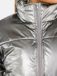 WOMEN'S LONG SLEEVE ZIP UP FRONT POCKETS PU PLEATHER PUFFER JACKET