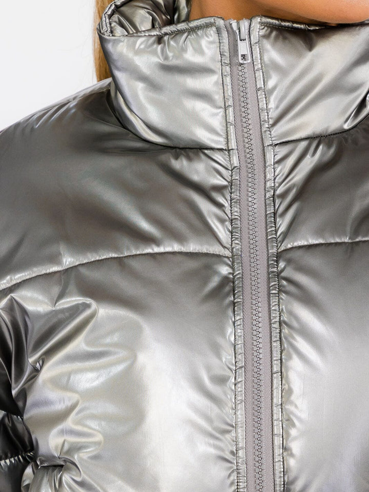 WOMEN'S LONG SLEEVE ZIP UP FRONT POCKETS PU PLEATHER PUFFER JACKET