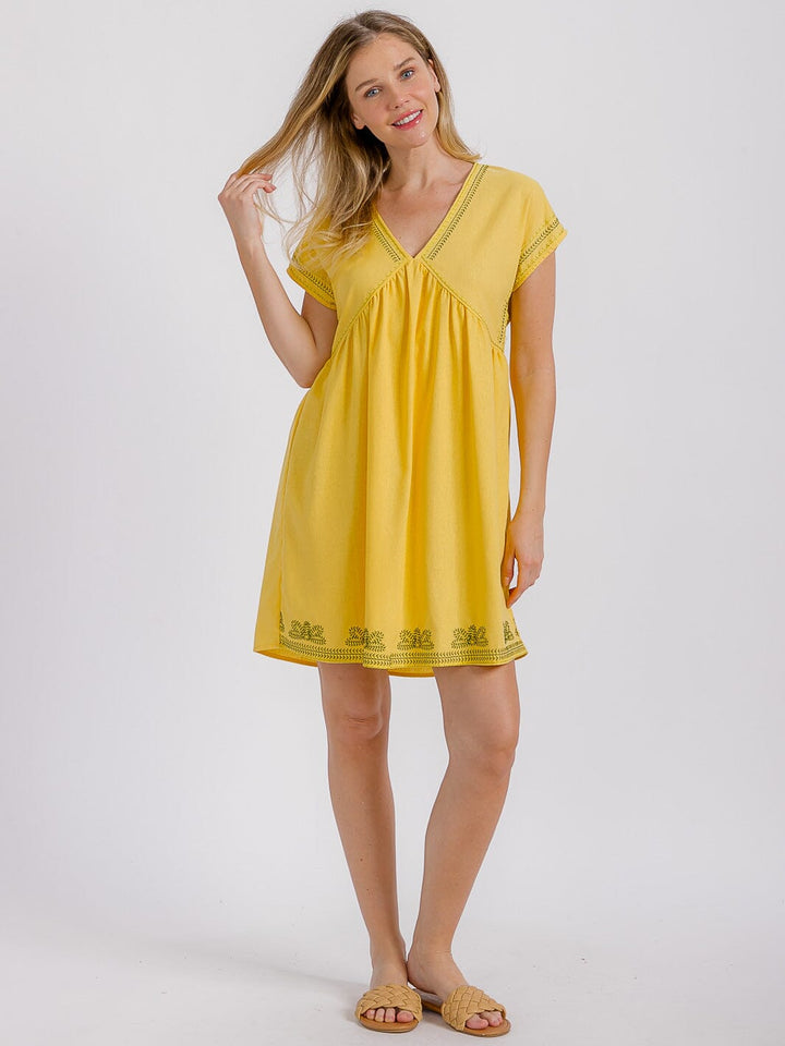 WOMEN'S SHORT SLEEVE V-NECK TRIM DETAILED MINI DRESS