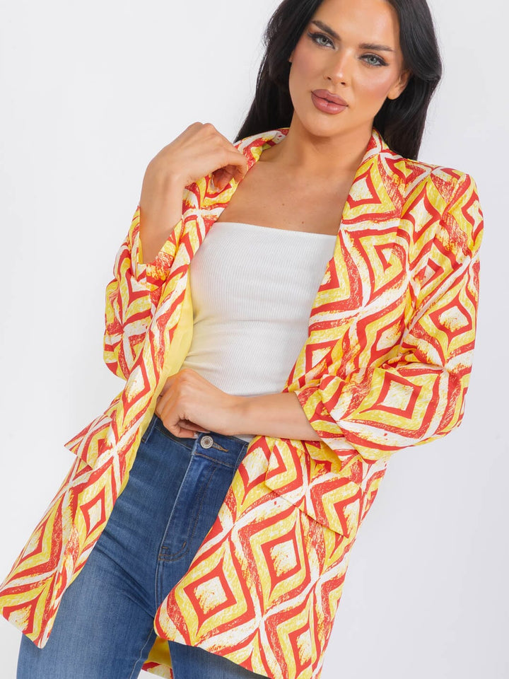 WOMEN'S LONG SLEEVE OPEN FRONT PRINTED BLAZER