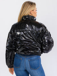 WOMEN'S LONG SLEEVE ZIP UP FRONT POCKETS PU PLEATHER PUFFER JACKET