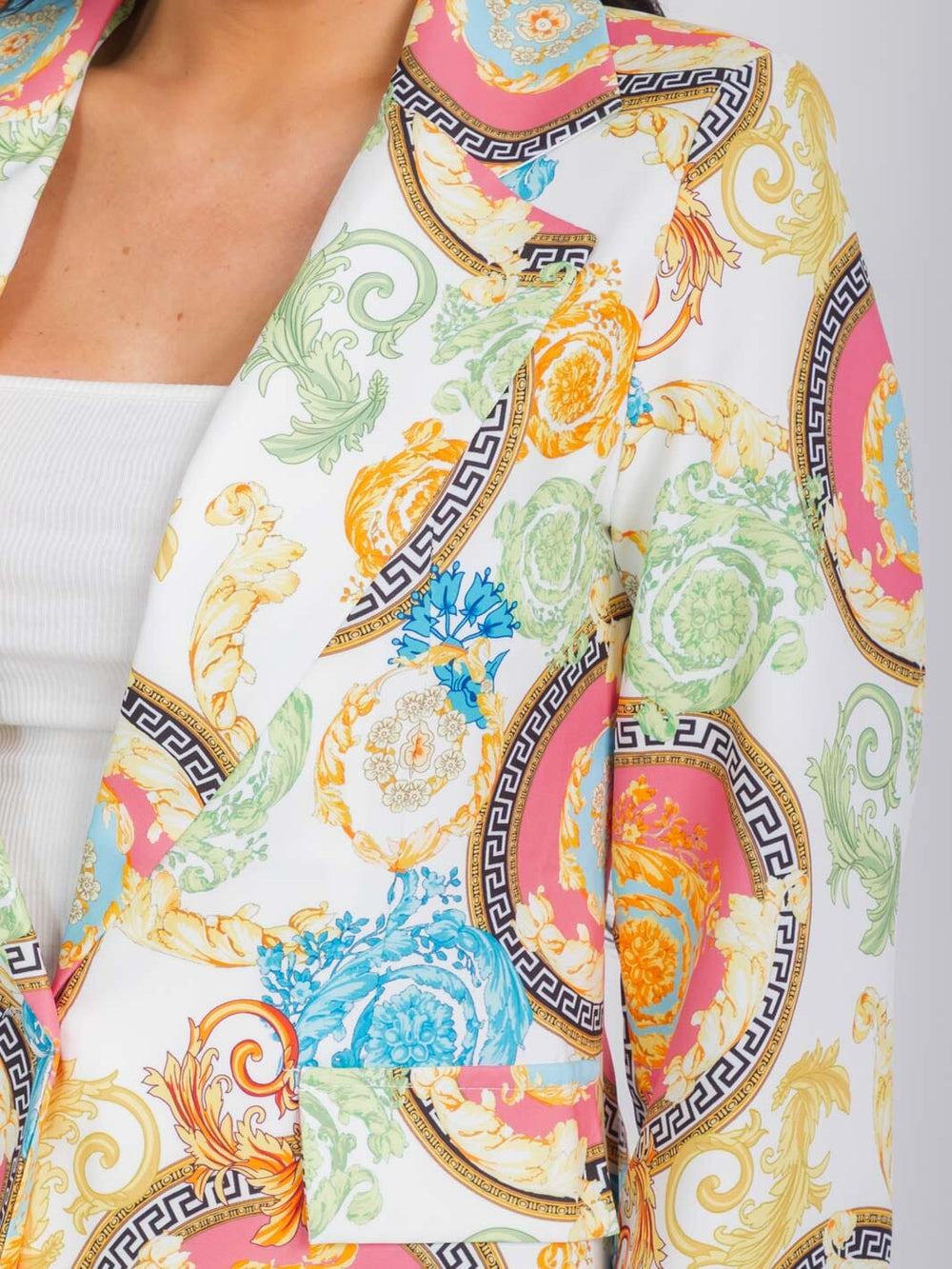WOMEN'S LONG SLEEVE BUTTON CLOSURE MULTI PRINT BLAZER