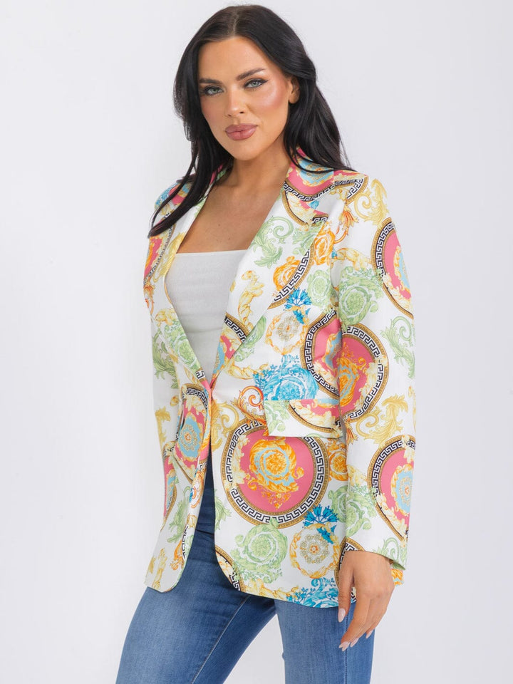 WOMEN'S LONG SLEEVE BUTTON CLOSURE MULTI PRINT BLAZER