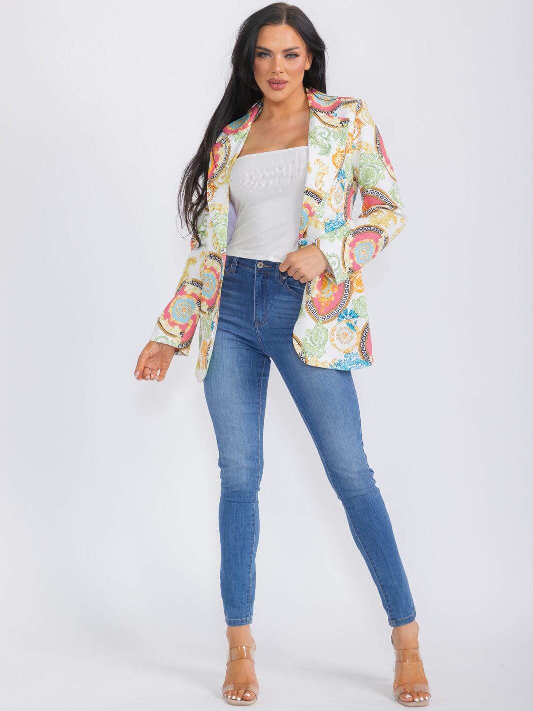 WOMEN'S LONG SLEEVE BUTTON CLOSURE MULTI PRINT BLAZER