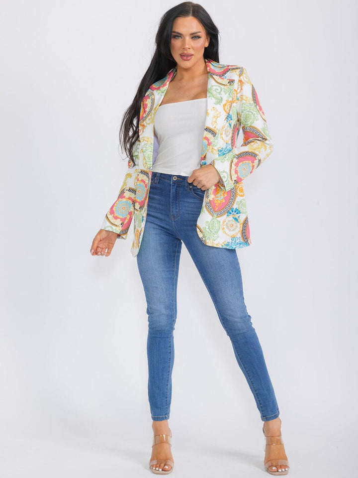 WOMEN'S LONG SLEEVE BUTTON CLOSURE MULTI PRINT BLAZER