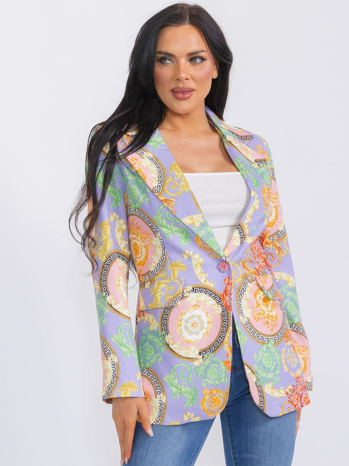 WOMEN'S LONG SLEEVE BUTTON CLOSURE MULTI PRINT BLAZER