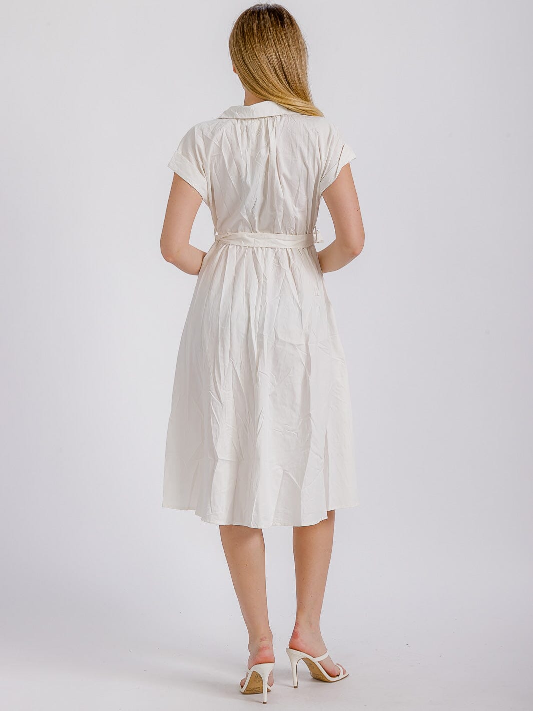 WOMEN'S SHORT SLEEVE V-NECK BUTTON UP FRONT POCKETS SELF TIE MIDI DRESS