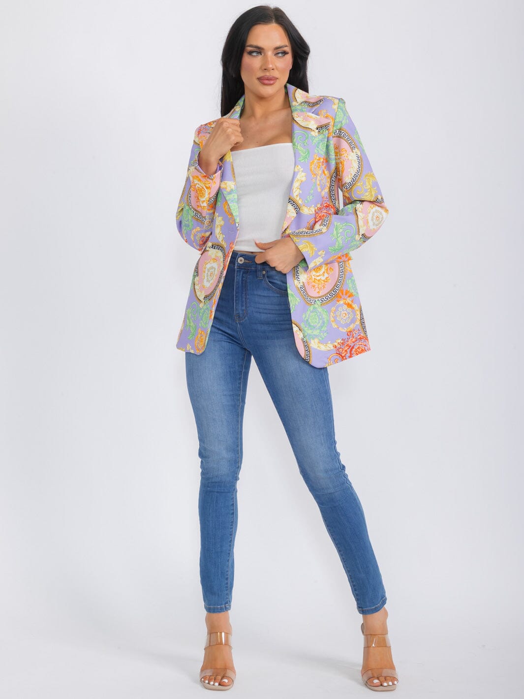 WOMEN'S LONG SLEEVE BUTTON CLOSURE MULTI PRINT BLAZER