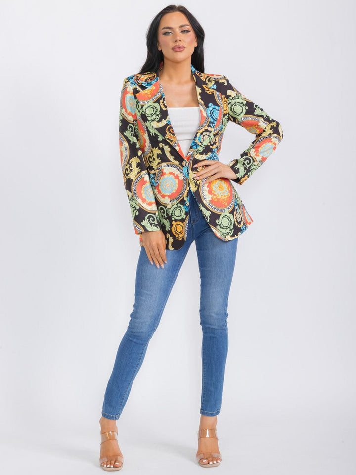 WOMEN'S LONG SLEEVE BUTTON CLOSURE MULTI PRINT BLAZER