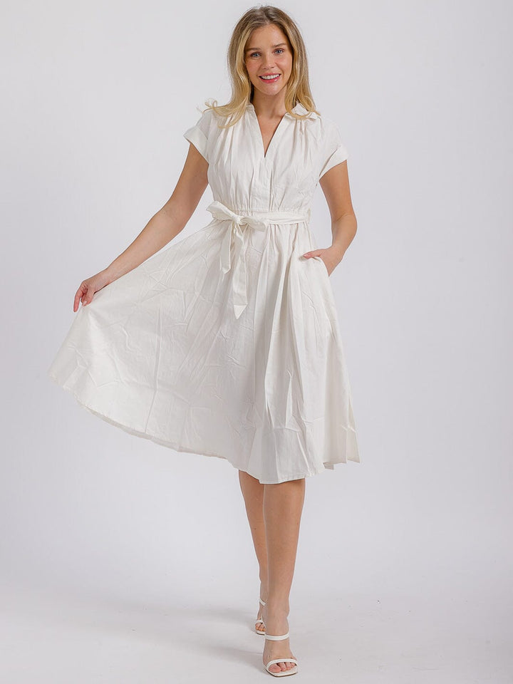 WOMEN'S SHORT SLEEVE V-NECK BUTTON UP FRONT POCKETS SELF TIE MIDI DRESS