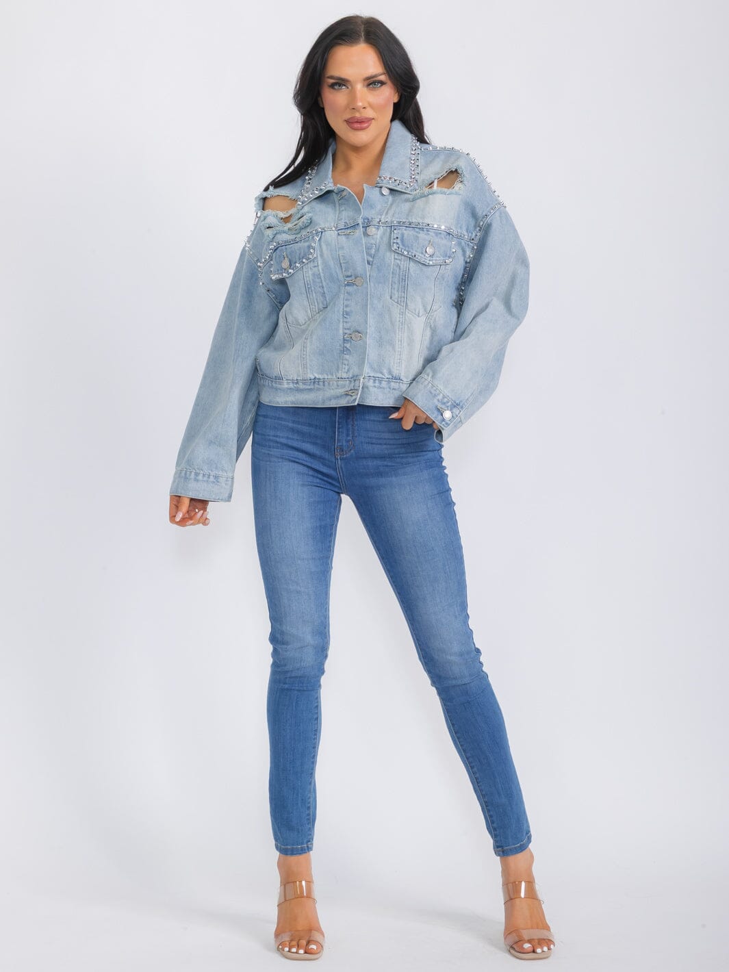 WOMEN'S LONG SLEEVE BUTTON CLOSURE FRONT POCKETS DISTRESS DENIM STUDS JACKET
