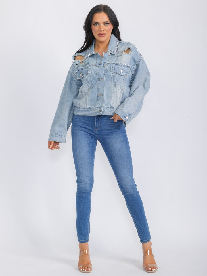WOMEN'S LONG SLEEVE BUTTON CLOSURE FRONT POCKETS DISTRESS DENIM STUDS JACKET