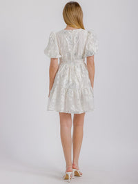 WOMEN'S SHORT PUFF SLEEVE V-NECK SHIMMER DETAILED MINI DRESS