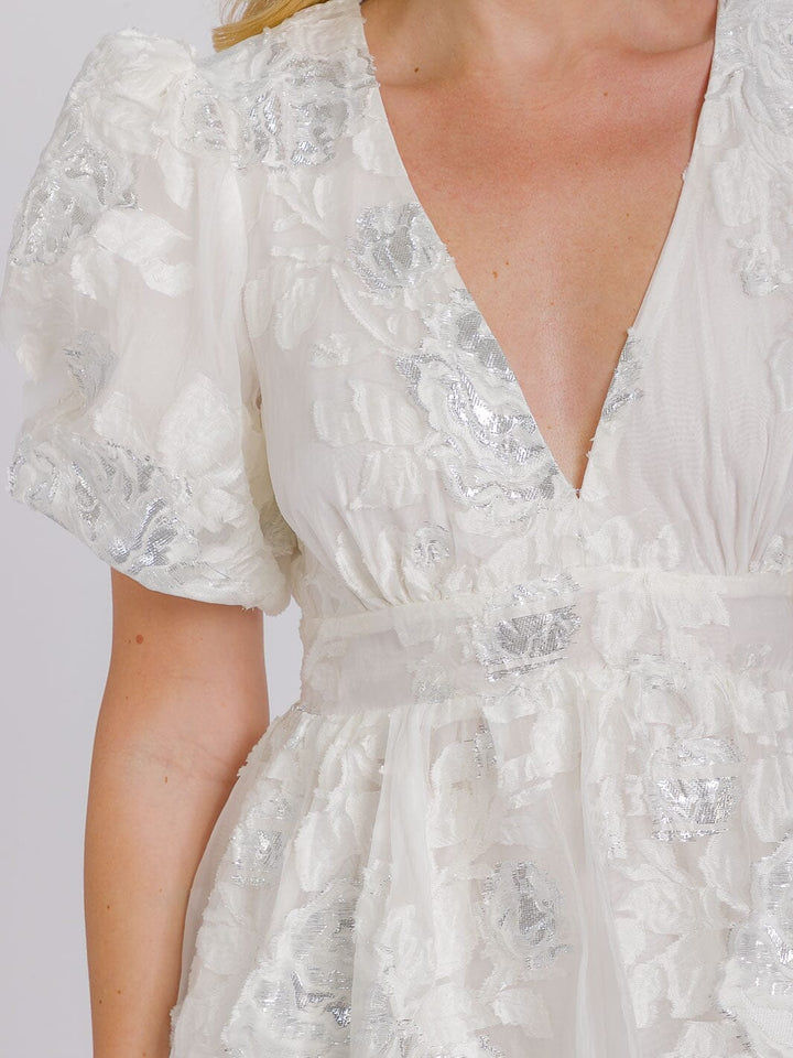 WOMEN'S SHORT PUFF SLEEVE V-NECK SHIMMER DETAILED MINI DRESS