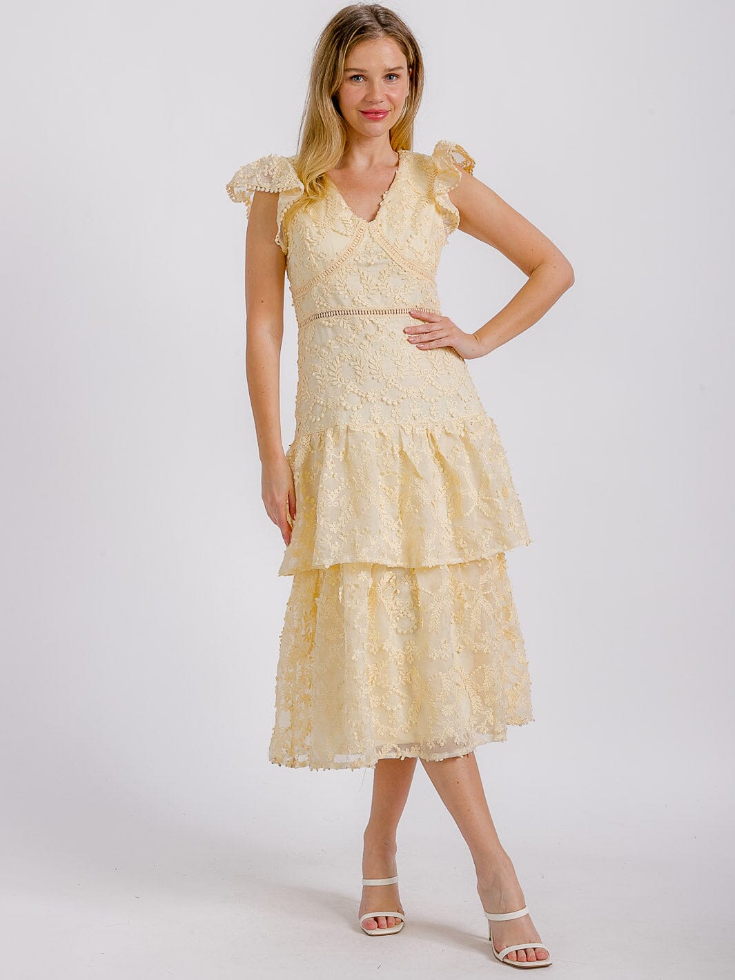 WOMEN'S RUFFLE SLEEVE V-NECK RUFFLE TIERED DETAILED MIDI DRESS