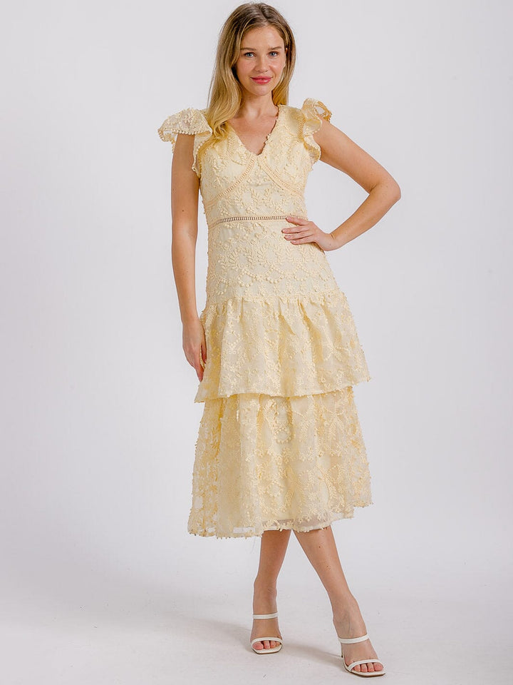 WOMEN'S RUFFLE SLEEVE V-NECK RUFFLE TIERED DETAILED MIDI DRESS