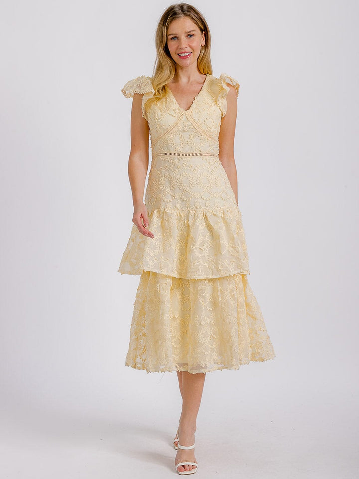 WOMEN'S RUFFLE SLEEVE V-NECK RUFFLE TIERED DETAILED MIDI DRESS
