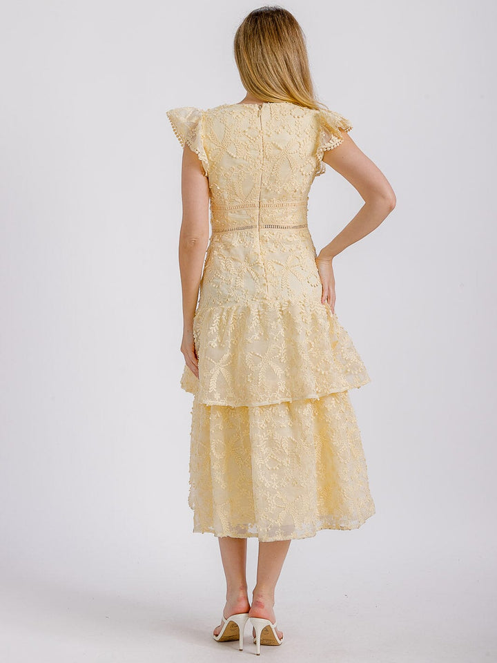 WOMEN'S RUFFLE SLEEVE V-NECK RUFFLE TIERED DETAILED MIDI DRESS