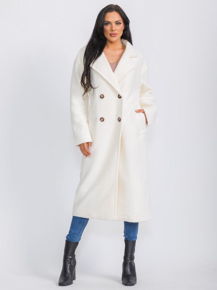 WOMEN'S LONG SLEEVE BUTTON CLOSURE FRONT POCKETS SHERPA COAT