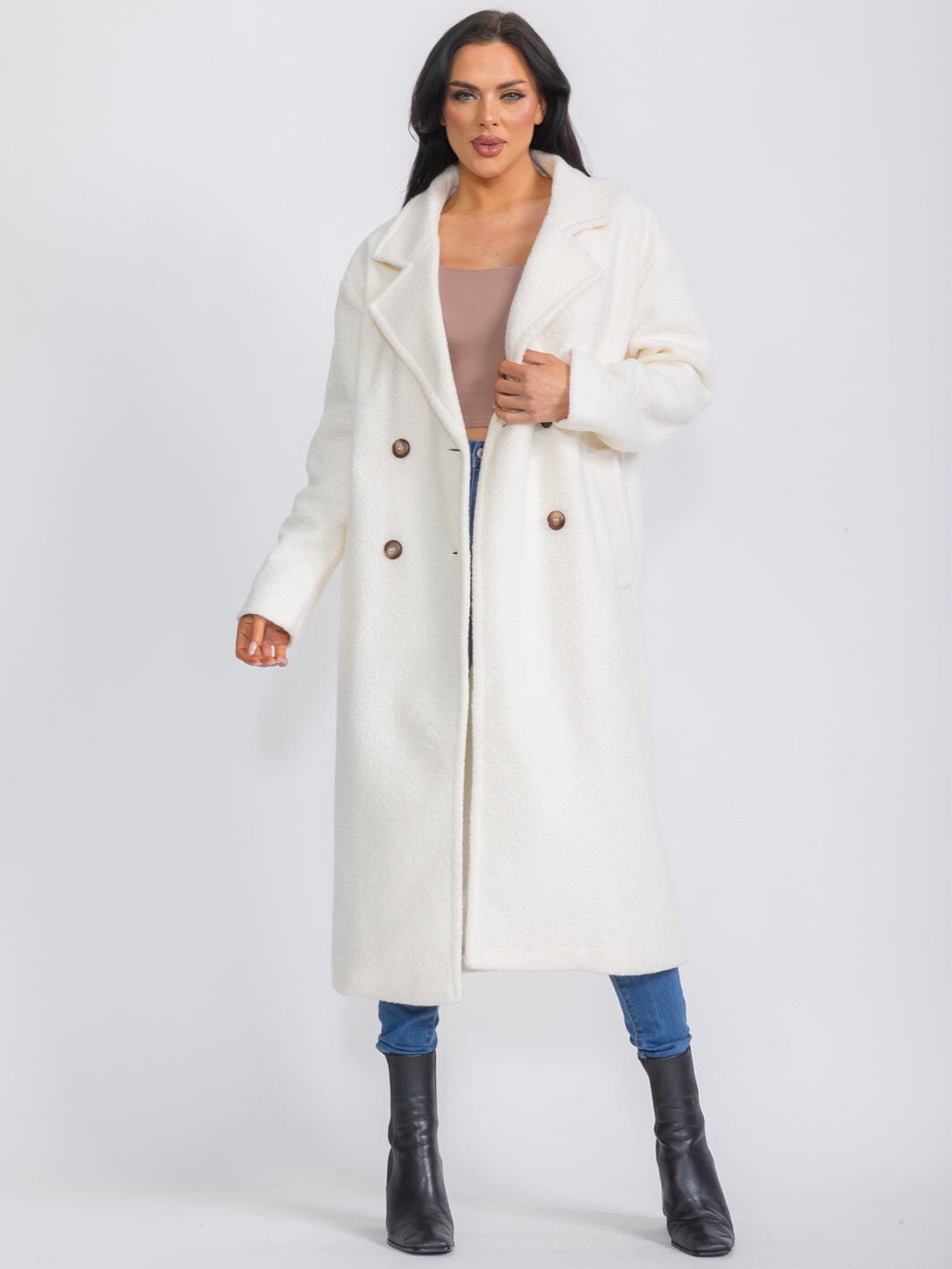 WOMEN'S LONG SLEEVE BUTTON CLOSURE FRONT POCKETS SHERPA COAT