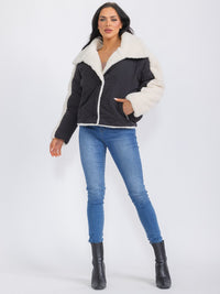 WOMEN'S LONG SLEEVE BUTTON CLOSURE FRONT POCKETS SHERPA JACKET