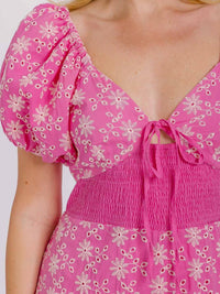 WOMEN'S SHORT PUFF SLEEVE V-NECK SMOCK EYELET FLORAL MINI DRESS