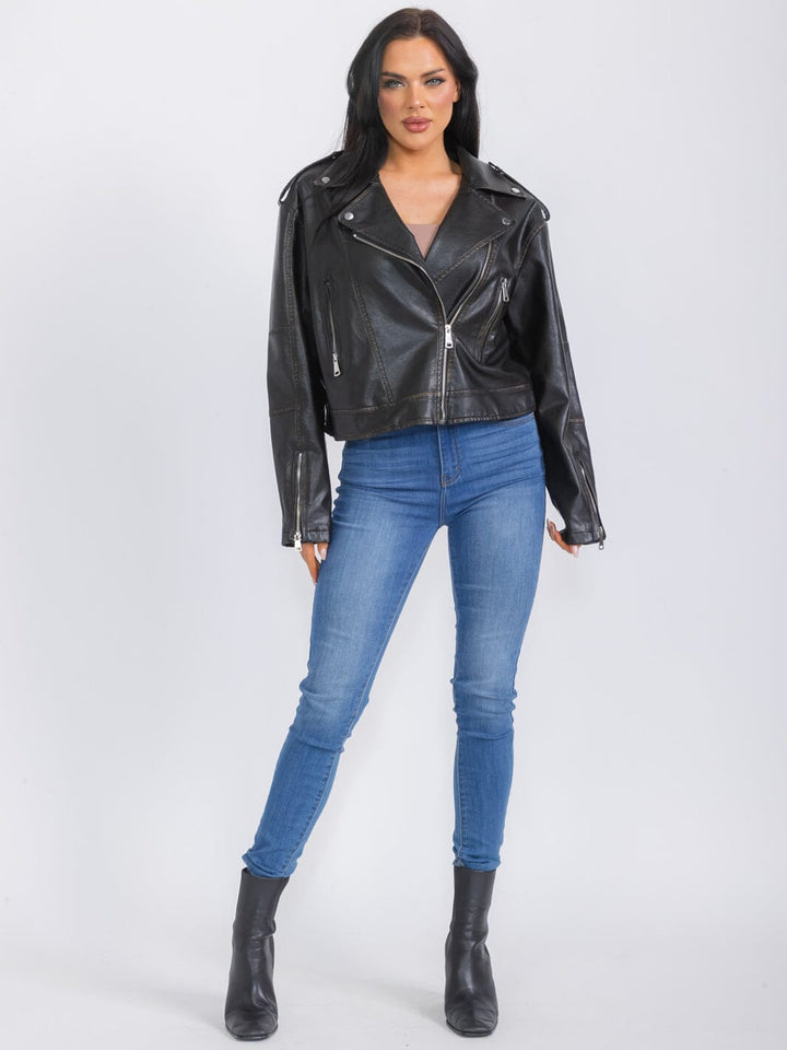 WOMEN'S LONG SLEEVE ZIPPER CLOSURE PU PLEATHER JACKET